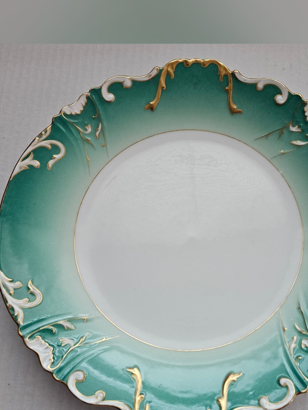 Antique Limoges Decorative Plate Turquoise Green Border And Ornate  Gold Trim